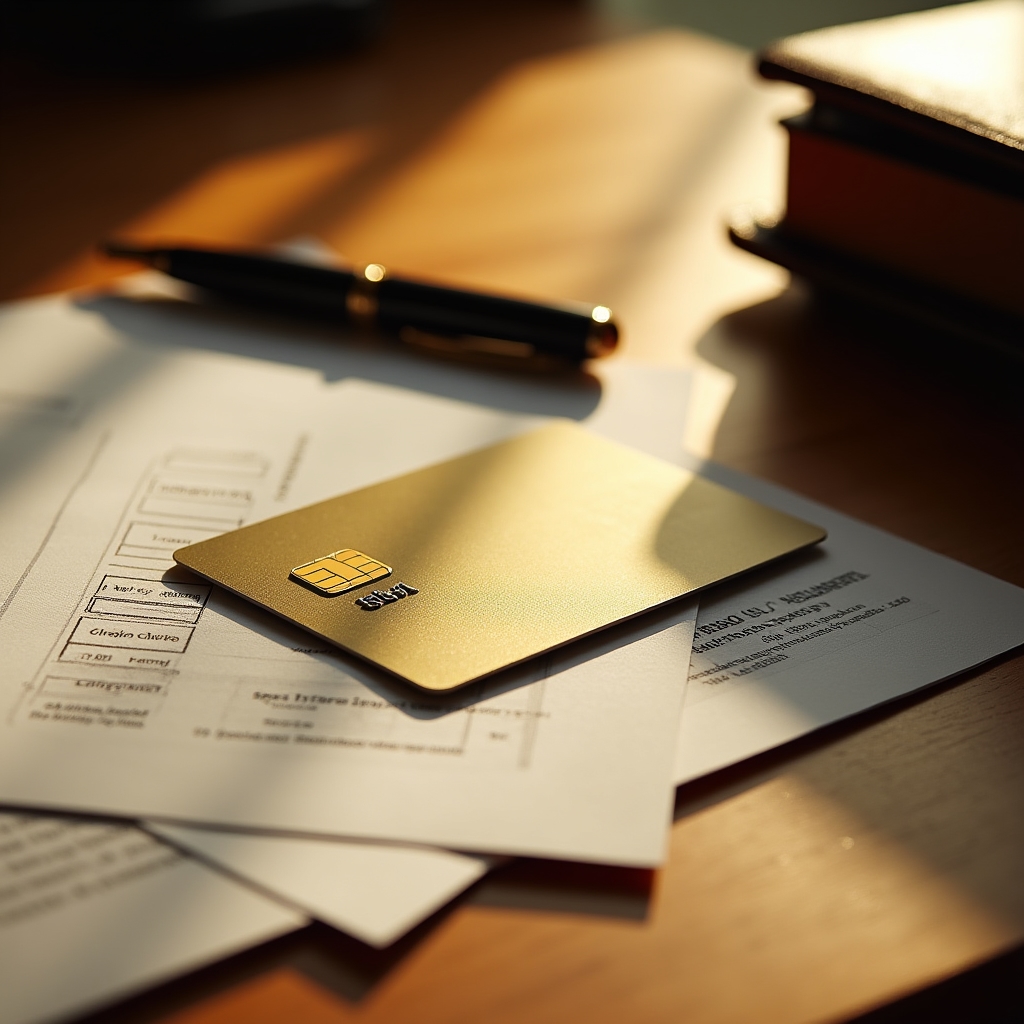 Close-up of bank card and documents on wooden desk, warm golden lighting, organized financial workspace