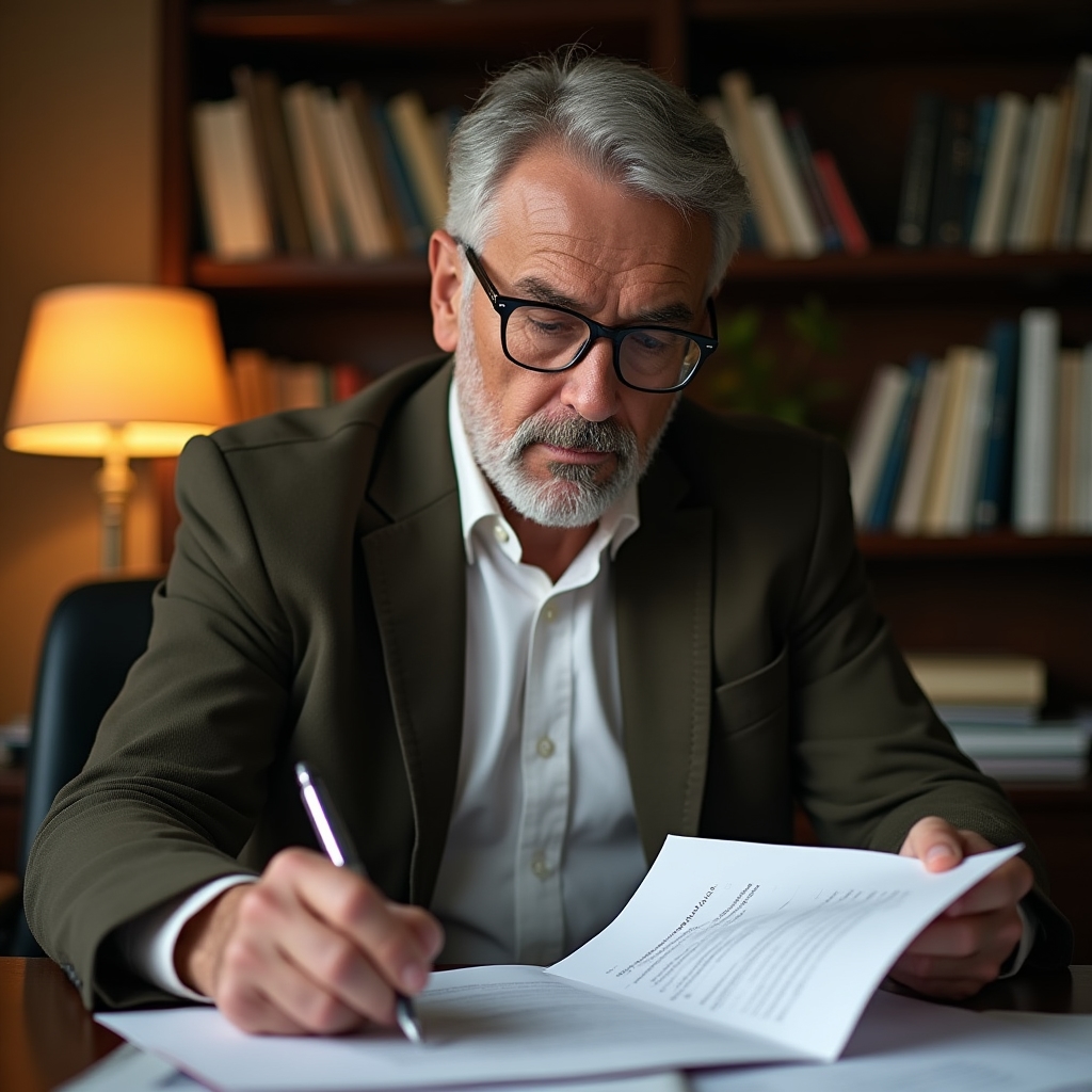 Person reviewing a financial contract document at desk, focused expression, professional home setting, warm directional light from side window