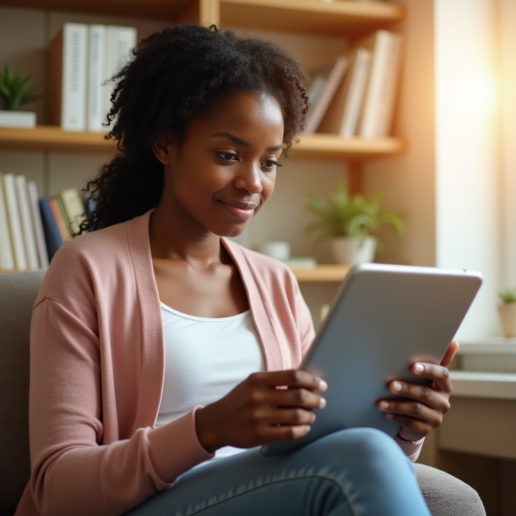 Person using a tablet to access financial education content, clean home workspace, warm afternoon light, organized and calm environment