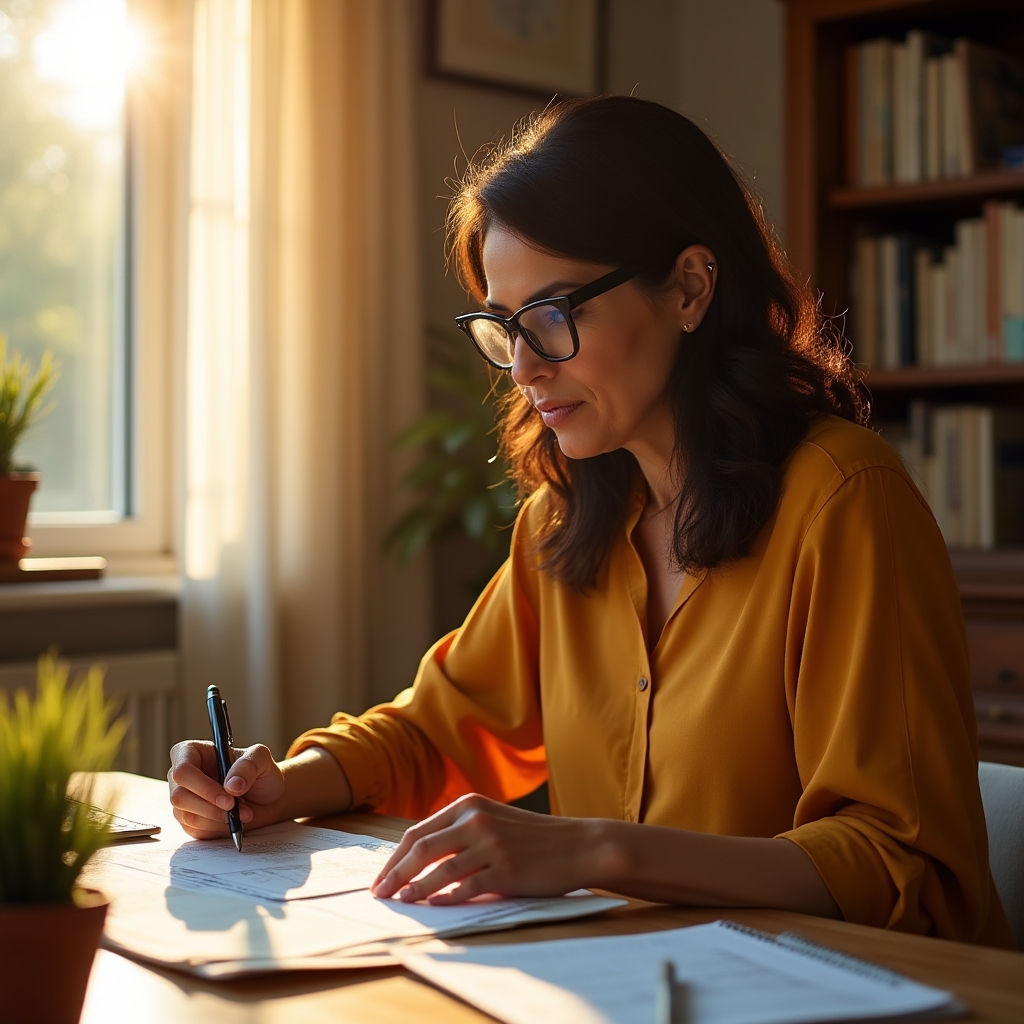 Person studying financial concepts at a desk with organized notes and a warm home office environment