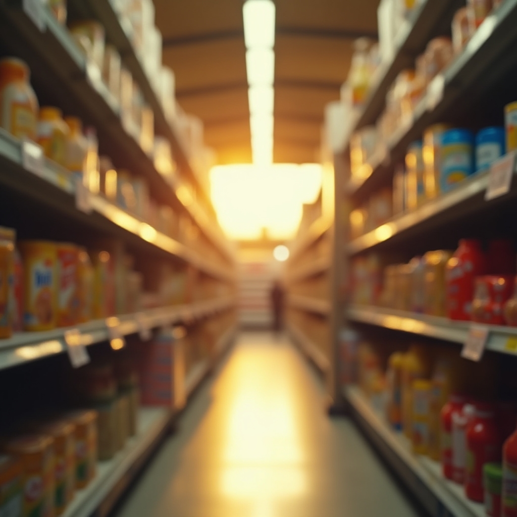 Upward angled view of grocery store price tags and shelves, warm natural light, selective focus on price labels, economic context