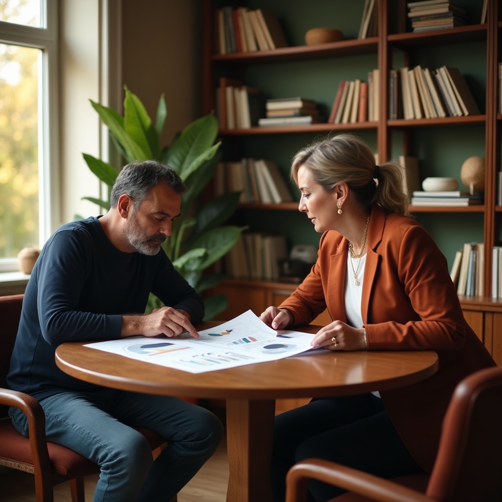 Two adults at a table reviewing financial documents together, warm home office setting, natural light through window